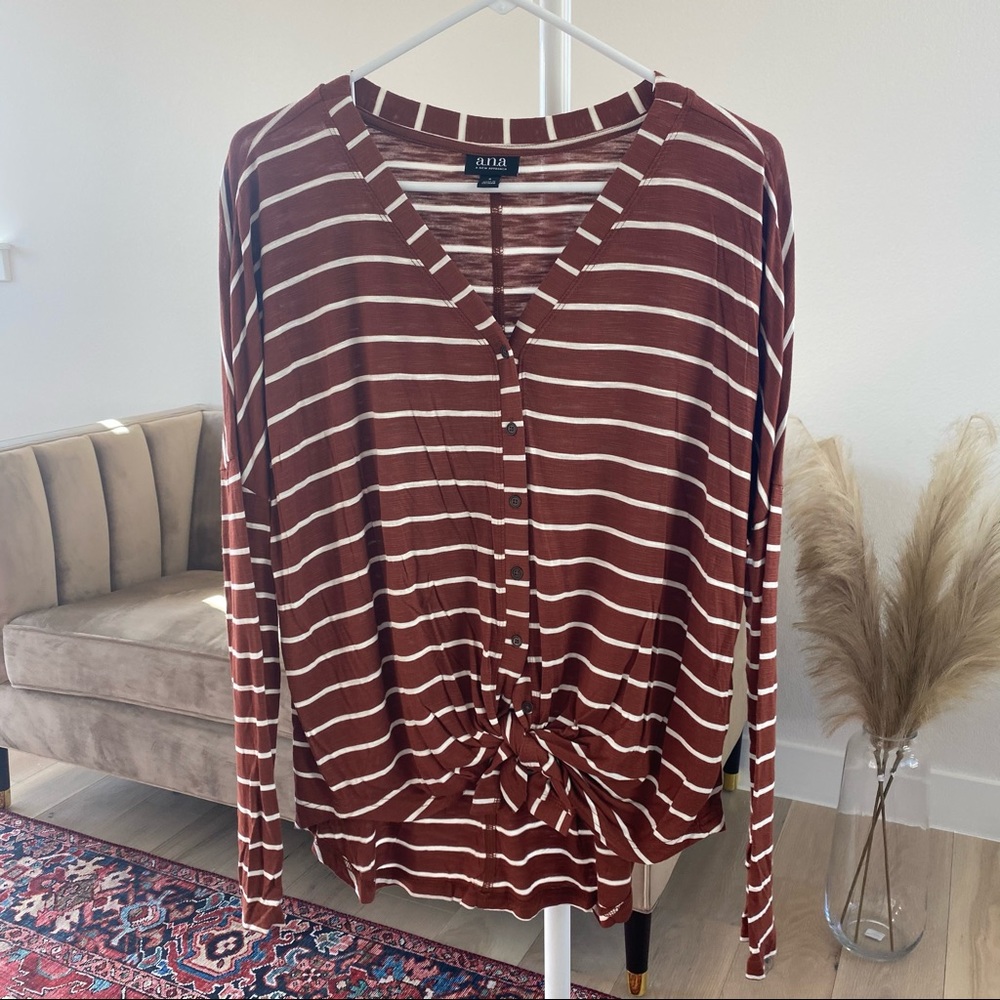 a.n.a. Brown Stripe Blouse with Tie Front